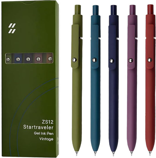 Gel Pens, 5 Pcs 0.5mm Black Ink Pens Fine Point Smooth Writing Pens with Silicone Grip, High-End Series Metal Clip Retractable Pens for Journaling Note Taking (Vintage)