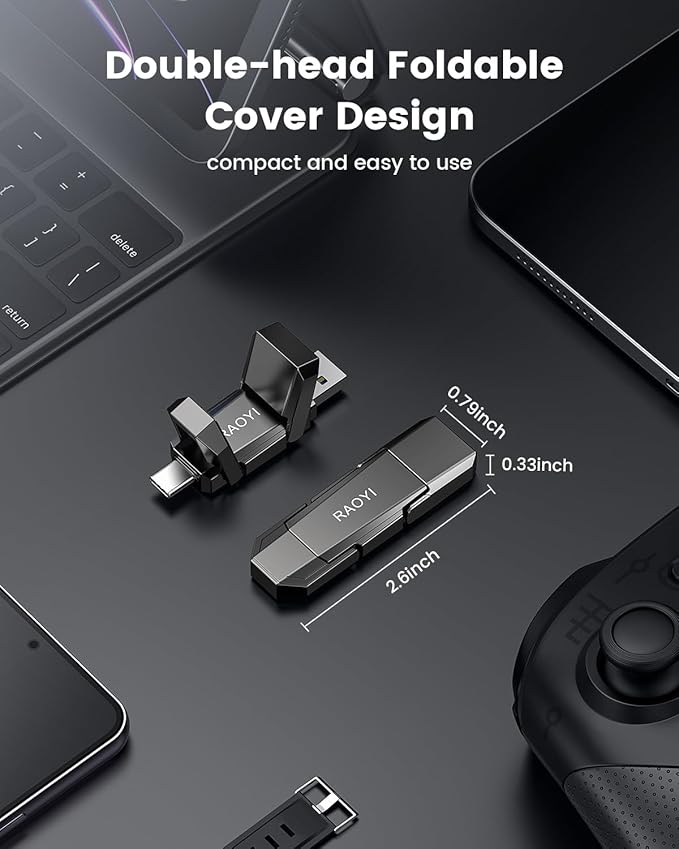 RAOYI 512GB USB C External SSD, 2-in-1 Solid State Drive Up to 450MB/s Dual USB 3.2 + Type-C Thumb Drive Portable SSD Drive for iPhone 15/16, Android, Tablet, PC and PS4