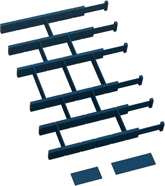6 Pack Bamboo Drawer Dividers with 12 Inserts, Expandable Adjustable Clothes Drawer Organizers and Storage from 17" to 22" for Kitchen, Bedroom, Dresser, Cosmetics (Navy Blue)