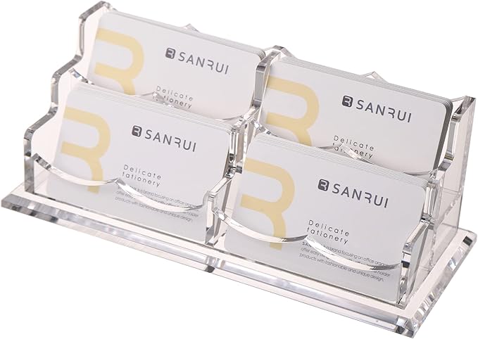 SANRUI Clear Horizontal Business Card Holder Stand for Desk, Acrylic Desktop Display Name Cards Holders Organizer Storage Rack,for Exhibition, Home , Office ,2 Tier 4 Pocket, 240 Card Capacity