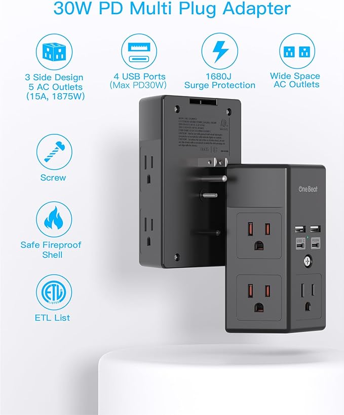 Surge Protector, 5 Outlets Extender with 4 USB Ports(USB C PD30W), 3-Side 1680J Power Strip Multi Plug Outlet Expander, USB Wall Charger, Outlet Splitter Adapter Wall Mount for Home Office(Black)