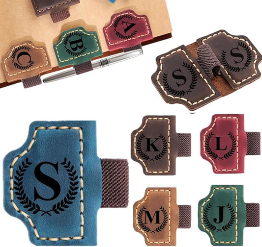 Custom Bookmark with Pen Holder with 26 Letters Personalized Magnetic Leather Book Mark, Customized Name Book Marker Clip with Initial for Men Women, Gifts for Book Lovers, Readers, (Blue, S)