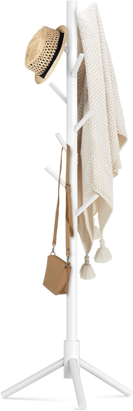 Haddockway Wooden Coat Rack Stand with 8 Hooks New Zealand Pine 3 Adjustable Coat Standing Tree Easy Assembly for Coats, Hats, Scarves and Handbags for Entryway, Hallway, Bedroom, Office, white