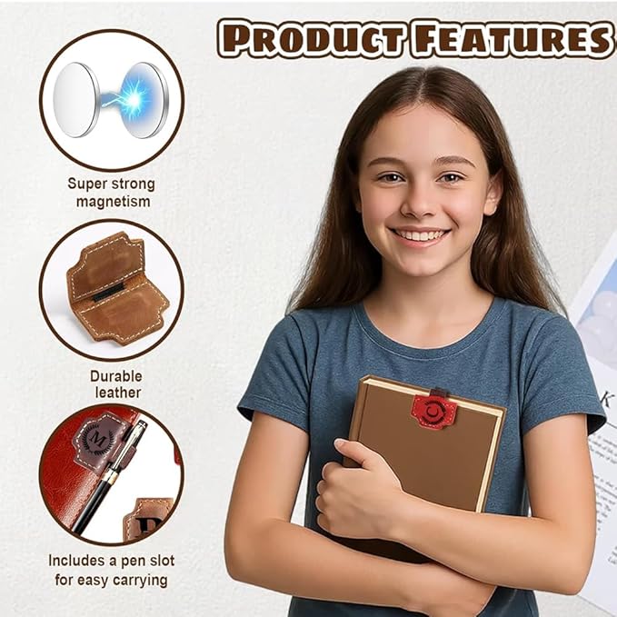 Custom Bookmark with Pen Holder with 26 Letters Personalized Magnetic Leather Book Mark, Customized Name Book Marker Clip with Initial for Men Women, Gifts for Book Lovers, Readers, (Red, F)