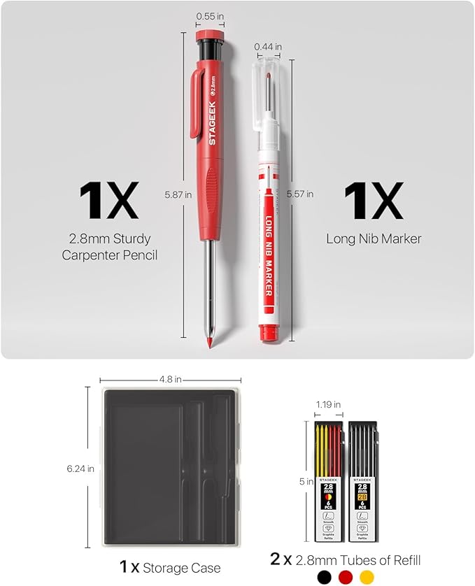 Carpenter Pencils Set with Sharpener, Heavy Duty Woodworking Tools with 13 Refills (Red, Black, Yellow), Construction Pencil and Deep Hole Long Nib Marker Pen for Architect Marking with Case