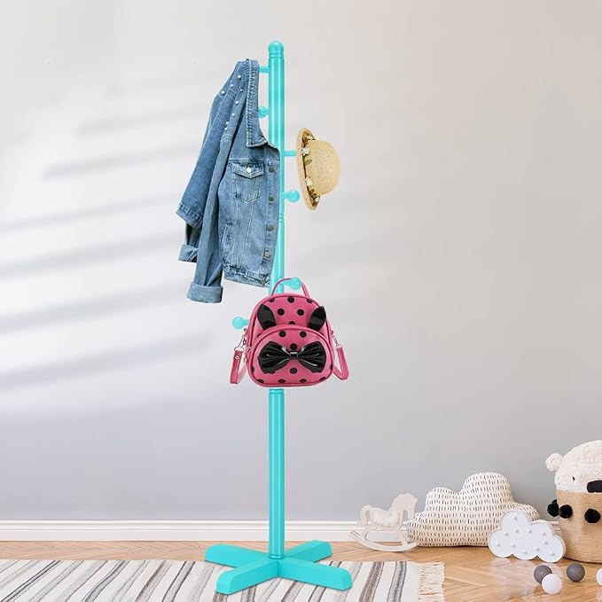 Kids Coat Rack, Freestanding Coat Racks with 8 Hooks 2 Adjustable Height, Tree Coat Rack for Bedroom, Hallway, Entrance, Office, Hats, Handbags,Purse (Blue)