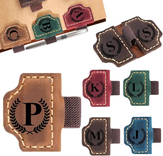 Custom Bookmark with Pen Holder with 26 Letters Personalized Magnetic Leather Book Mark, Customized Name Book Marker Clip with Initial for Men Women, Gifts for Book Lovers, Readers, (Brown, P)