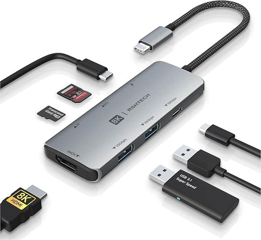 RSHTECH USB C Hub 7-in-1 Multiport Adapter with 8K HDMI, 10Gbps USB-C and 2 USB A Data Ports, 100W Power Delivery, SD/TF Card Reader, Aluminum USB 3.1/3.2 Gen 2 Hub Dongle for PC and Laptop, RSH-T02