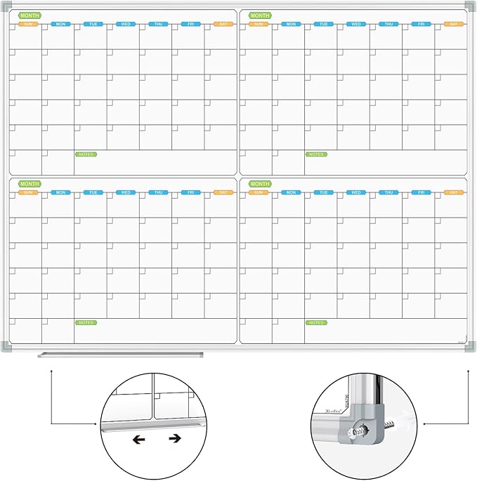 JILoffice Magnetic Dry Erase Calendar Whiteboard, 4 Month White Board Planner 48 X 36 Inch, Silver Aluminum Frame Wall Mounted Board for Office Home and School