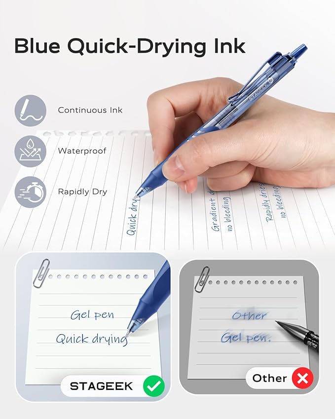 12 Pack Blue Gel Pens, Quick Dry Blue Ink Pen, 0.5mm Fine Point Retractable Smooth Writing Pens for Journaling, Writing, Business Gel Pen for Office School & Home Supplies(Blue)