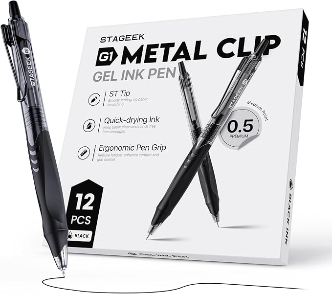 12 Pack Black Gel Pens, Quick Dry Black Ink Pens, 0.5mm Fine Point Retractable Smooth Writing Pens for Journaling, Writing, Business Gel Pen for Office School & Home Supplies(Black)