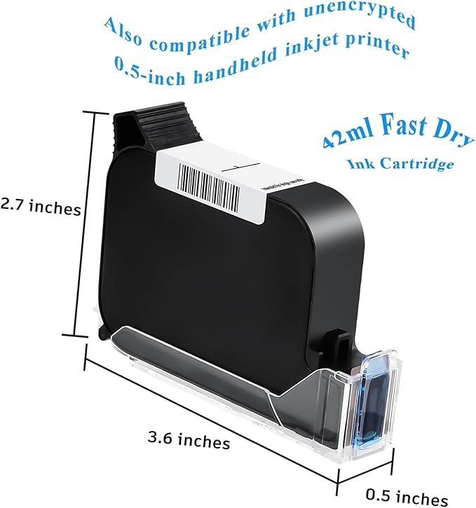 Original Ink Cartridge for 1580P1 Handheld Inkjet Printer, Quick-Drying Ink Replacement 42ml, Black Inkjet Ink Cartridge for Handheld Printer, Inkjet Coder Cartridge for Various Materials