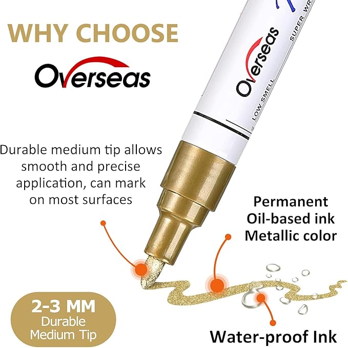 Overseas Permanent Paint Markers Pens - 3 Pack Gold Oil Based Paint Pens, Medium Tip, Quick Drying and Waterproof Marker Pen for Metal, Rock, Wood, Fabric, Plastic, Canvas, Mugs, Stone, Glass