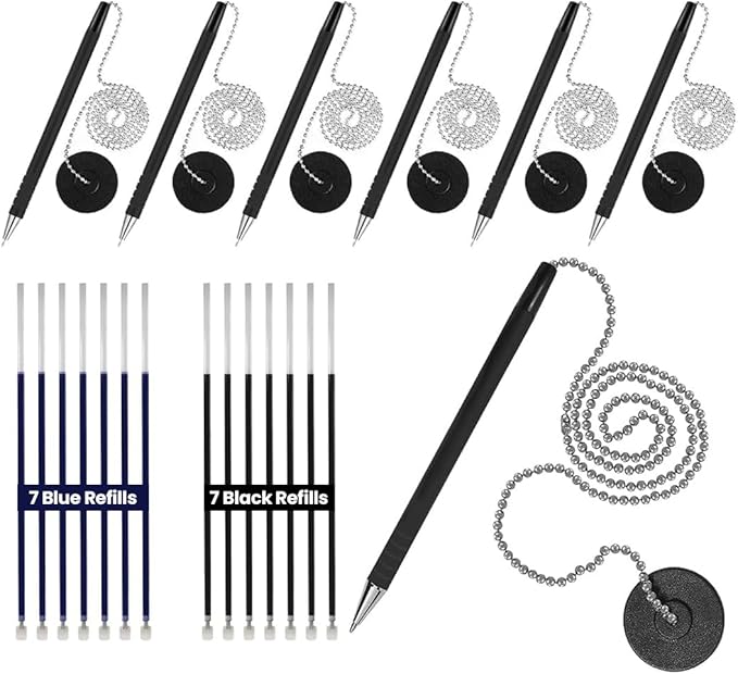 Secure Pen with Adhesive Pen Chain Holder 23-Inch Chain (21 Pieces) | 7 Black Pens with 7 Black & 7 Blue Refills | Counter Pens with Chain & Base | Ideal for Office, Reception & Public Spaces
