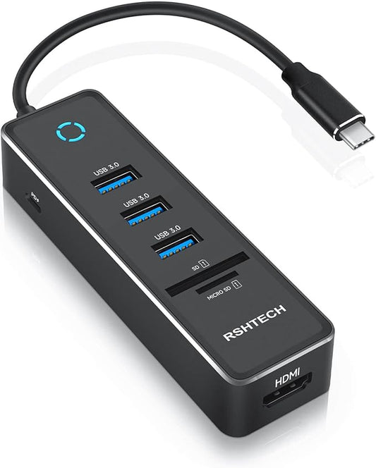 RSHTECH USB C Hub Dongle Adapter with 4K HDMI, 3 USB 3.0 Data Port, 100W Power Delivery, SD/TF Card Reader, Aluminum USB-C/Thunderbolt 3 Hub Dock for PC and Laptop, RSH-T16