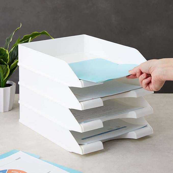 Stockroom Plus Paper Trays for Classroom - 4 Pack, White, 10 x 13.5 x 2.5 in - Desk Organizer Stacking Trays for Classroom Organization & Office Document Storage