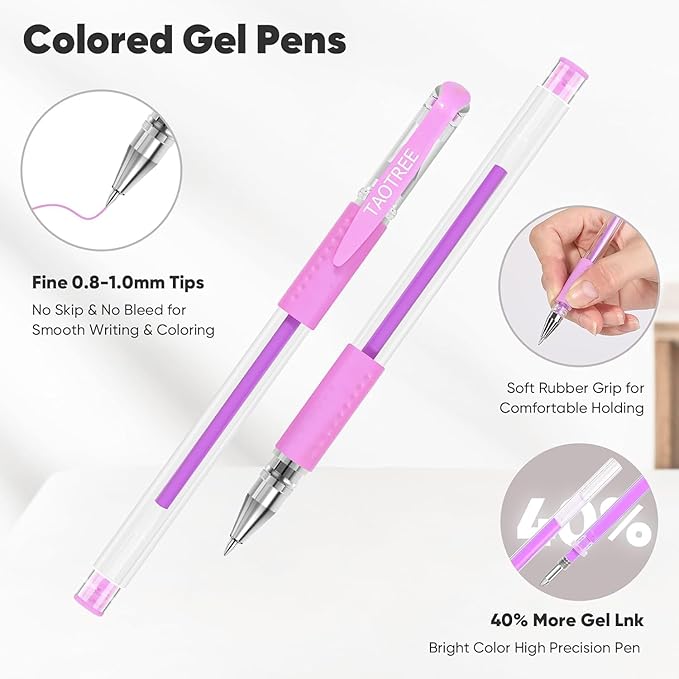 Taotree Gel Pens for Adult Coloring Books, 36-Color Neon Glitter Pens Coloring Drawing Art Supplies, 40% More Ink Glitter Gel Markers Set Colored Sparkle Doodling Journaling Gifts for Kids Teens