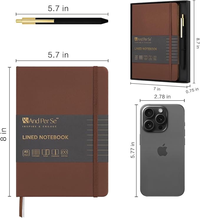 A5 Lined Leather Journal and Pen Set for Women&Men, Gift Box Included, Hardcover Notebook with 160 Pages 100GSM Thick Paper, for Work, Business, School or Home Writing(Brown)