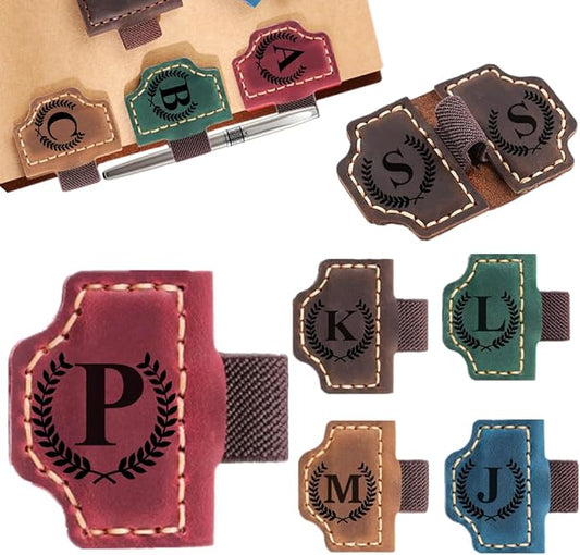 Custom Bookmark with Pen Holder with 26 Letters Personalized Magnetic Leather Book Mark, Customized Name Book Marker Clip with Initial for Men Women, Gifts for Book Lovers, Readers, (Red, P)