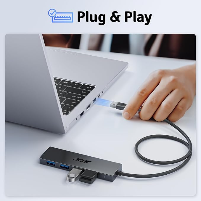 Acer USB Hub 4 Ports, Multiple USB 3.0 Hub, USBA Splitter for Laptop with Type C Power Port, Extender for A Port Laptop, PC, Desktop and More (4ft)