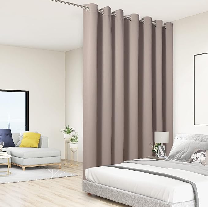 BONZER Room Divider Curtain Total Privacy Wall Noise Reducing Extra Wide Blackout Curtains for Patio Sliding Glass Door, 96L x 150W Inch (8L x 12.5W ft), 1 Panel, Khaki