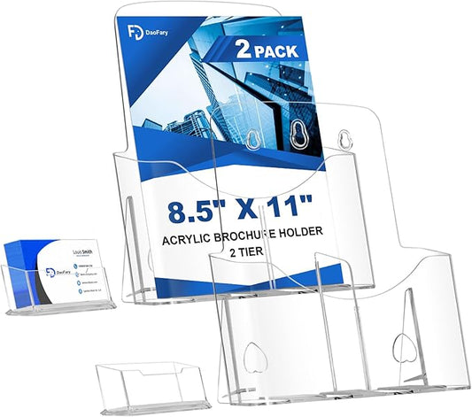 2 Pack Acrylic Brochure Holder 8.5 x 11 in with Business Card Holder, 1-Tier Brochure Display Stand with Removable Divider for 4 x 9 Inches Trifold Pamphlets, Clear Flyer Holde