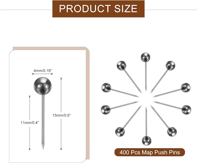 uxcell 400 Pcs Push Pins, Map Thumb Tacks 4mm Round Head Decorative Push Pins for Bulletin Board Home Office Travel Wall DIY Crafts Map Photo, Metallic Black