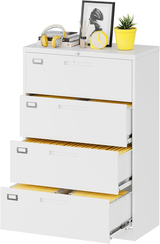 Lateral File Cabinet with Lock, 4 Drawer Large Metal Filing Cabinet,Home Office Lockable Storage Cabinet for Hanging Files Letter/Legal/F4/A4 Size-Assembly Required