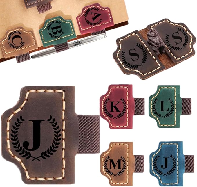 Custom Bookmark with Pen Holder with 26 Letters Personalized Magnetic Leather Book Mark, Customized Name Book Marker Clip with Initial for Men Women, Gifts for Book Lovers, Readers, (Coffee, J)