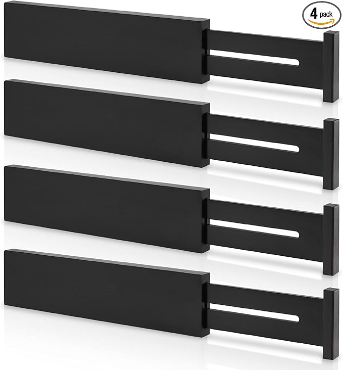 FJO 4 Pack Adjustable Bamboo Drawer Dividers - 11.8" - 17" Expandable Drawer Separators for Kitchen, Utensils, Clothes, Bedroom, Dresser, Bathroom (Black)