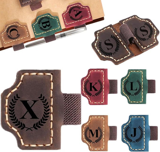 Custom Bookmark with Pen Holder with 26 Letters Personalized Magnetic Leather Book Mark, Customized Name Book Marker Clip with Initial for Men Women, Gifts for Book Lovers, Readers, (Coffee, X)