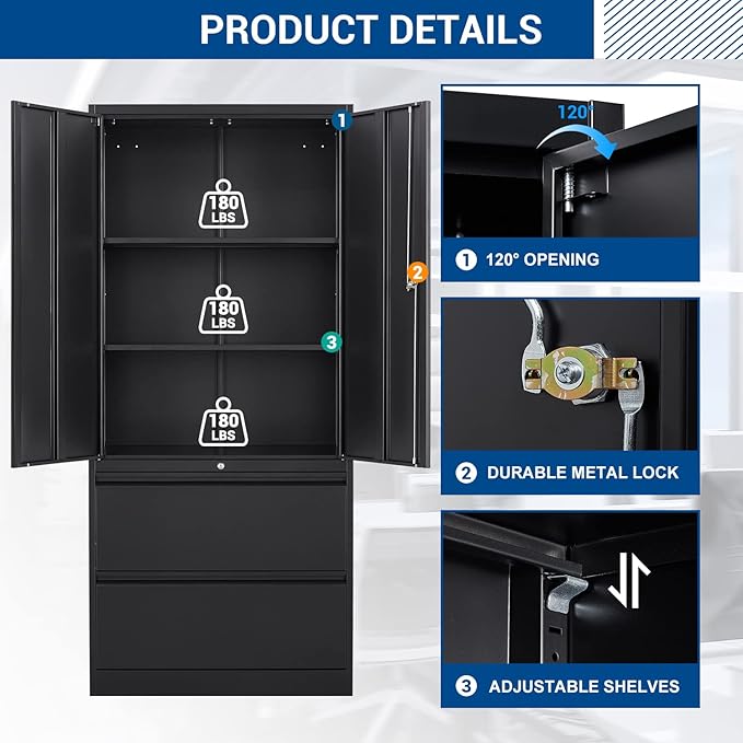 Metal Cabinets with Lockable Drawers and Doors Lateral File Cabinets Steel Filing Lockers Book Case for Home Office Hanging Files Letter/Legal/F4/A4 Size