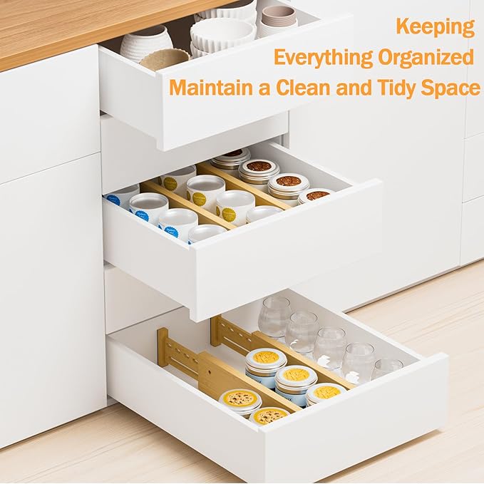 Bamboo Drawer Dividers 4" High, 12.8-18" Adjustable Drawer Organizers for Clothes,Expandable Dresser Separators in Bedroom/Kitchen/Bathroom/Office Organization and Storage,2 Pack