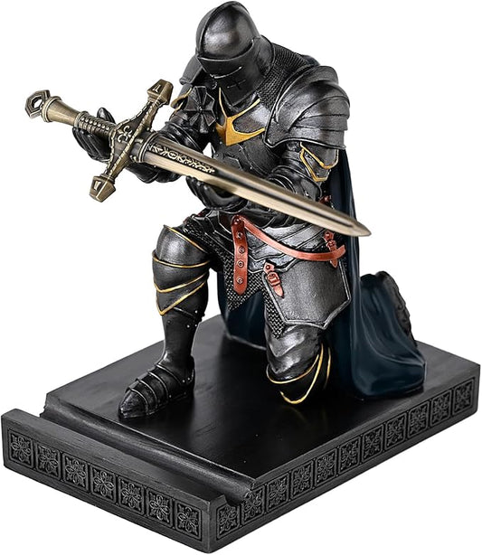 Medieval Armored Warrior Wearing Outerwear, Mobile Phone Stand Knight Pen Holder Desk Organizers, Resin Bookends Paperweight with a Letter Opener for Desk (Iron&Green)