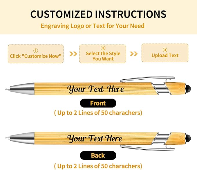 Personalized Pen Bamboo Pen with Stylus -Customizable Text Logo Name, Ballpoint Pens with Black Ink, Personalized Gift Ideas for Office School Business Home(30 Count/Pack)
