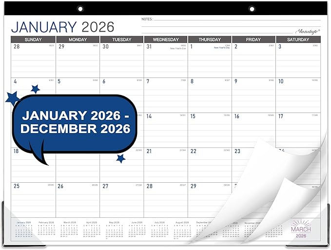 2026 Desk Calendar - Desk/Wall Calendar 2026, JAN 2026 - DEC 2026, 2026 Calendars 12 Month, Desk Calendars with Corner Protectors, Large Ruled Blocks, Thick Paper, Colorful, 14.6" x 11.5", Desktop Calendar for Daily Organizer