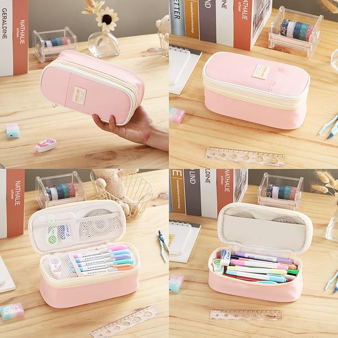 Dugio Big Pencil Case for Girls Organizer Pencil Bag with Zipper Pencil Pouch for School Teens Kids Aesthetic Large Pencil Pouch Pink