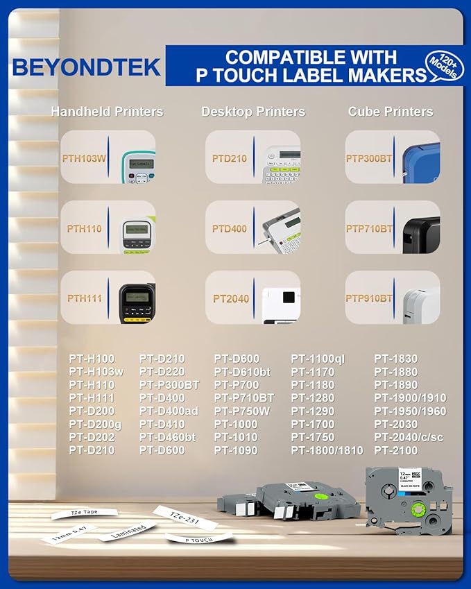 TZe-231 Replace for Brother Label Maker Tape TZ TZe Work with Brother P Touch Label Tape 12mm 0.47 Laminated White 1/2" P Touch Refill Black on White TZe-231 Cartridge for PT-H103w H110 D210 D220 1180
