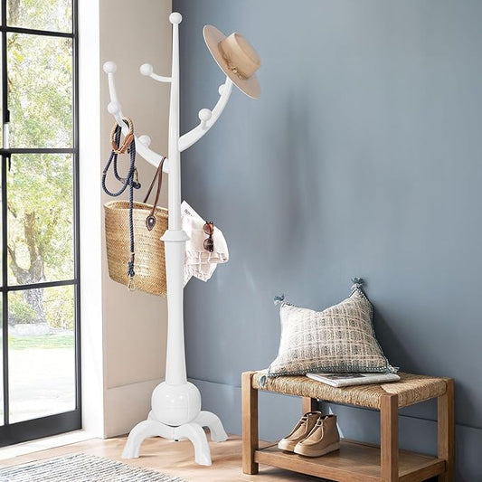Coat Rack, Solid Wood Coat Racks Stand, Free Standing Coat Rack Coat Hanger with Hooks for Jaceket, Winter Coats, Entryway, Hallway, Bedroom - Load 160lbs (White)