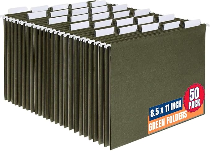 1InTheOffice Green Hanging File Folders Letter Size, Hanging Organizer File Folders, File Cabinet Folders, 1/5 Tabs, 11 pt, 50 Pack