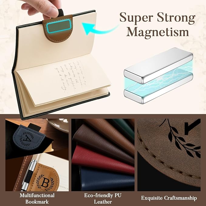 Personalized Bygone Mark Bookmark with Pen Holder,Engraving Leather Magnetic Bookmarks Vintage 26 Letters Name Initials Text Book Marker Clips Gifts for Reading Book Lovers Women (Coffee, Y)