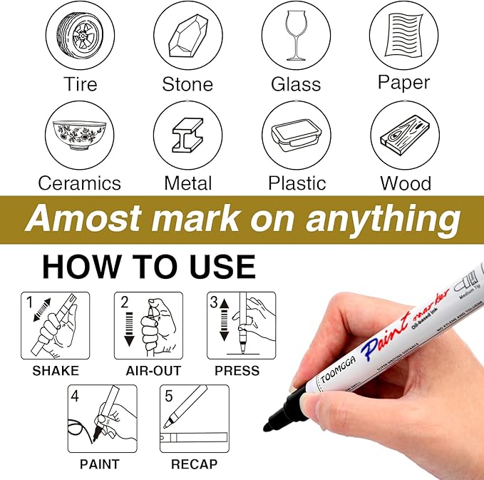 Silver Paint Pens Paint Markers - 12 Pack Permanent Markers Oil Based for Metal Wood, Pens for Metal, Car Tyre, Wood, Plastic, Rock Painting, Glass, Craft Supplies, Waterproof