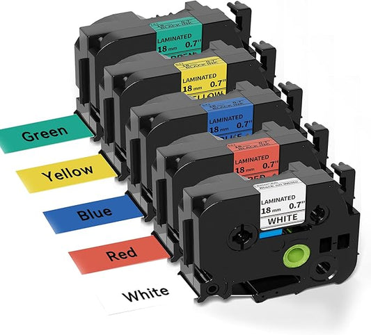 TZe Tz 18mm 0.7’’ Laminated Label Tape Color Replace for Brother Label Maker Tape 18mm 3/4'' White/Red/Yellow/Blue/Green P Touch Tape Work for PT-D400, PT-D600, PT-D410, PT-D610BT, 5-Pack