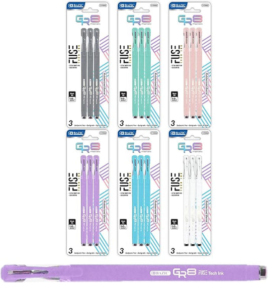 BAZIC Oil Gel Fuse Tech Ink Pen, GR8 Dazzle Black Ink w/Rubberized Barrel, 0.7 mm Medium Point Smooth Writing (3/Pack), 144-Packs
