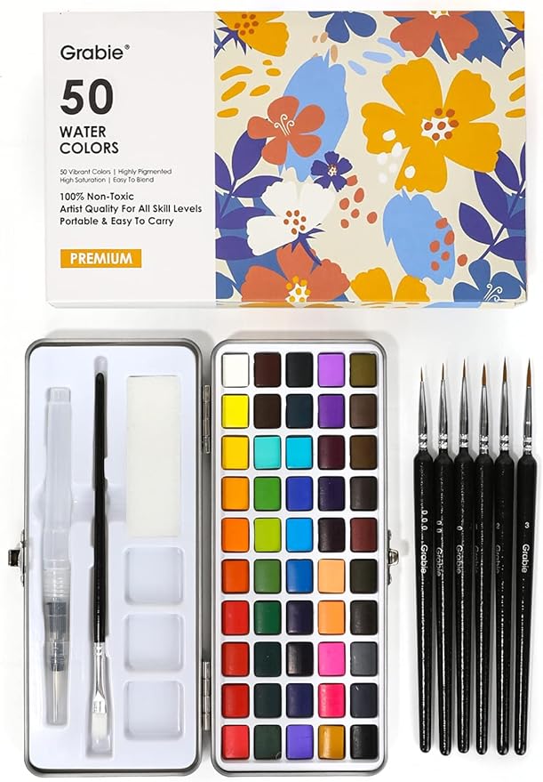 Grabie 50 Colors Watercolor Paint Set, Detail Paint Brush Included, Watercolor Paints, Painting Sets, Art Supplies for Painting, Travel Watercolor Set, Amateur Hobbyists