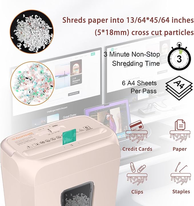 Bonsaii Compact Design for Business Paper Shredder, 6-Sheet Cross-Cut, Credit Card Shredder, Home Office, Handle for Document, Mail, Staple, 3.4 Gal Wastebasket, Pink(C237-B)