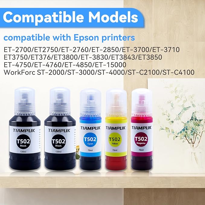 5 Pack T502 502 Ink Refill for Ecotank ET-4850 ET-4760 ET2750 ET-3760 ST-4000 ET-15000 ET-2850 ST-2000 ET-3710 ET-3850 ET-3750 ET-3830 ET4750 ET3700 ST3000 ET2700 ET2760 Printer