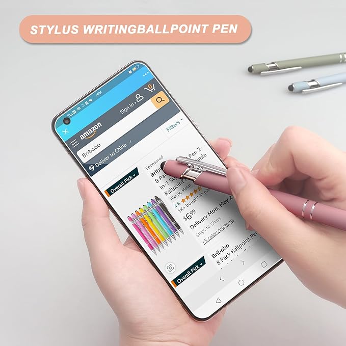 Bribobo Ballpoint Pen 2-in-1 Stylus Retractable Ballpoint Pen with Stylus tip, Metal Stylus Pen for Touch Screens, 1.0 mm Black Ink (Pastel Color) 6 Pack