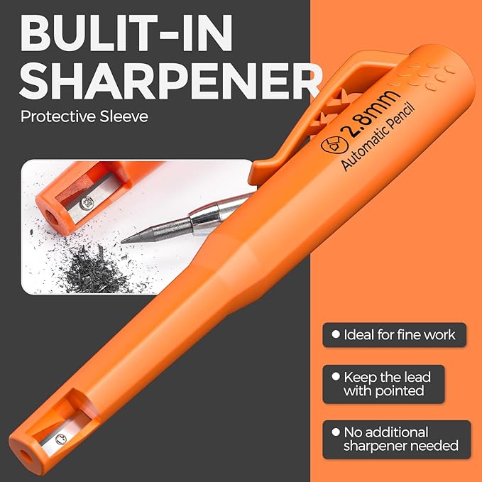 Nicpro 6 Pack CP3000 Carpenter Pencil with Sharpener, Mechanical Pencils Set with 78 Refill, Heavy Duty Construction Pencil, Carpenter Tools for Architect Marking (Red,Black,Yellow,Orange,Green,Blue)