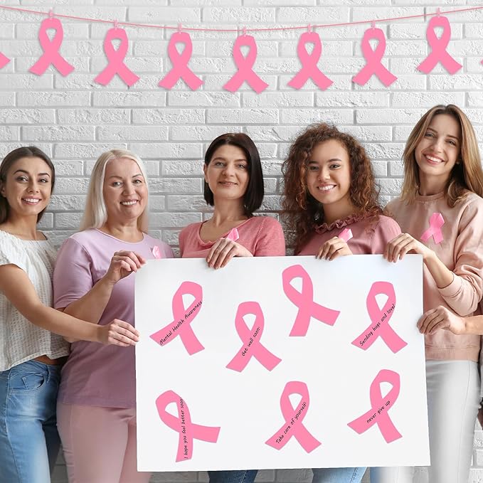 Kosiz 100 Pack Large Pink Ribbon Set 100 Breast Cancer Awareness Cutouts 2 Marker Pens 100 Wooden Clips with Rope Pink Ribbon Breast Cancer Awareness Items for Women Charity Support Supplies